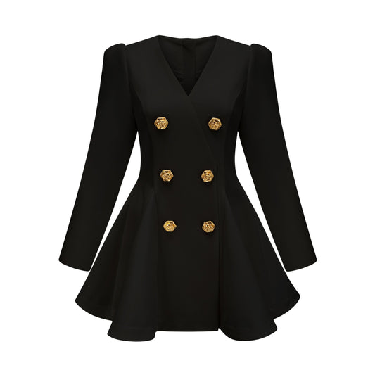 Élise Siyah pilili peplum etekli blazer elbise