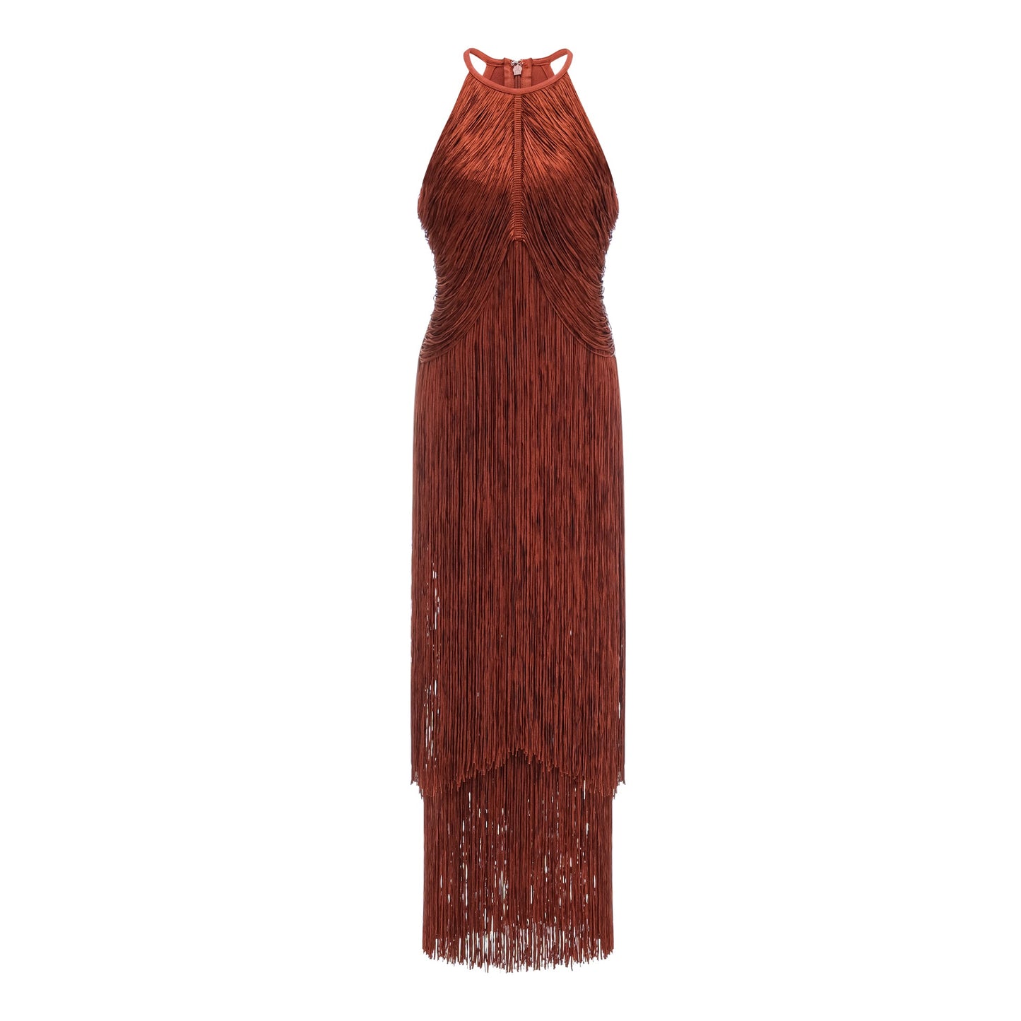 Mélisande Rusty Red Halterneck Fringed Maxi Gown