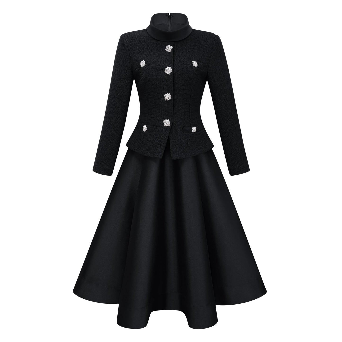 Lorelei Black High Neck Tweed Midi Dress