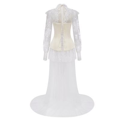 Michalina White Lace Convertible Gown with Long Sleeves