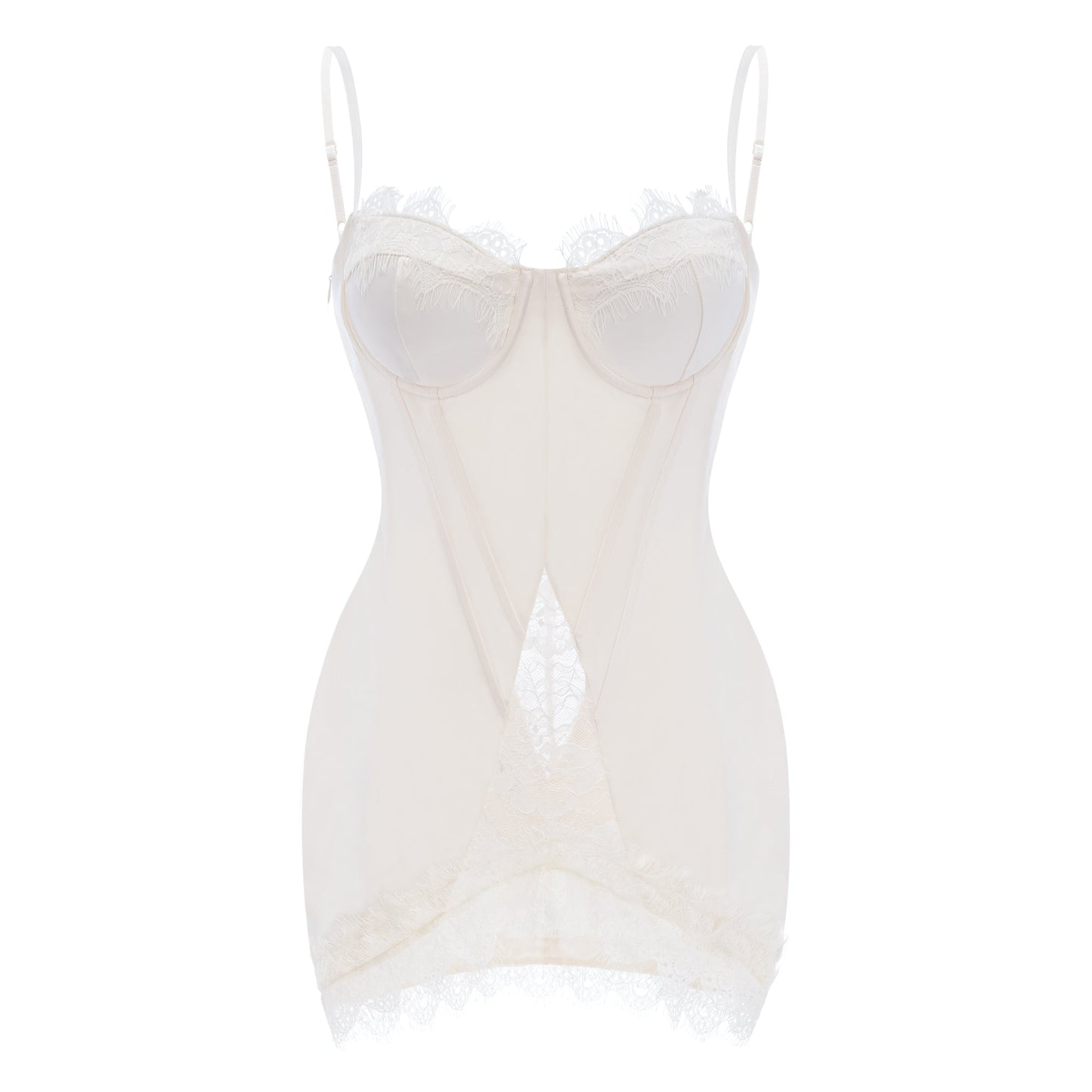 Juliette White Satin Mini Dress with Lace Panels