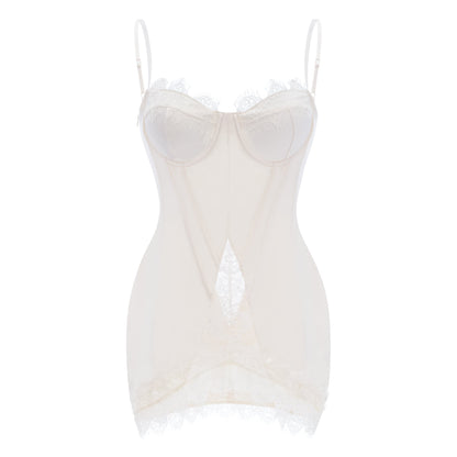 Juliette White Satin Mini Dress with Lace Panels