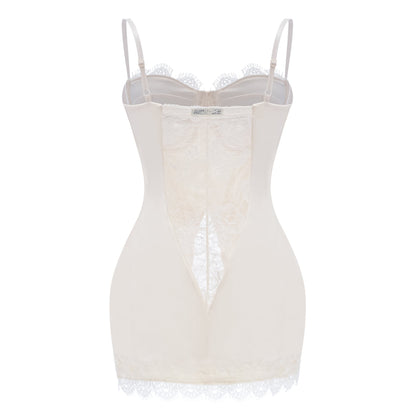 Juliette White Satin Mini Dress with Lace Panels