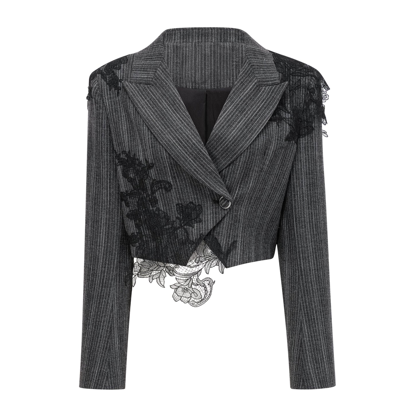 Sidonie Grey Floral Appliqué Striped Blazer & Skirt Set