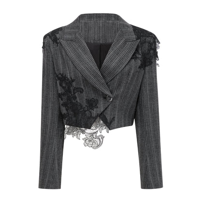 Sidonie Grey Floral Appliqué Striped Blazer & Skirt Set