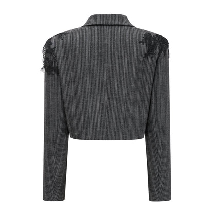 Sidonie Gri Çiçek Aplikeli Çizgili Blazer ve Etek Takım