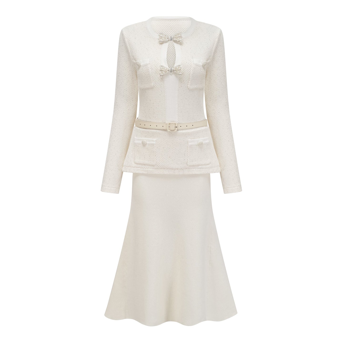 Adélade White Embellished Knit Midi Dress
