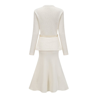 Adélade White Embellished Knit Midi Dress