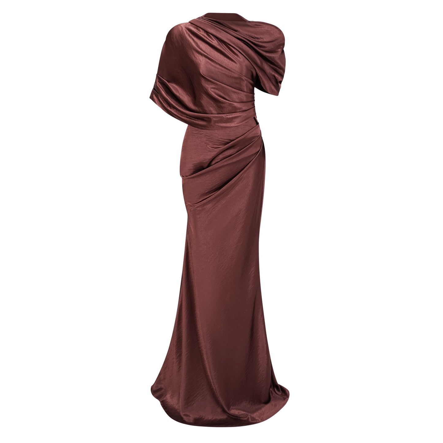 Luisa Brown Asymmetrical Gathered Satin Maxi Dress