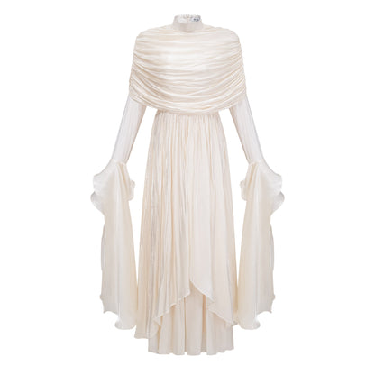 Gustave Neutral Ruched Cape Ruffled Maxi Dress