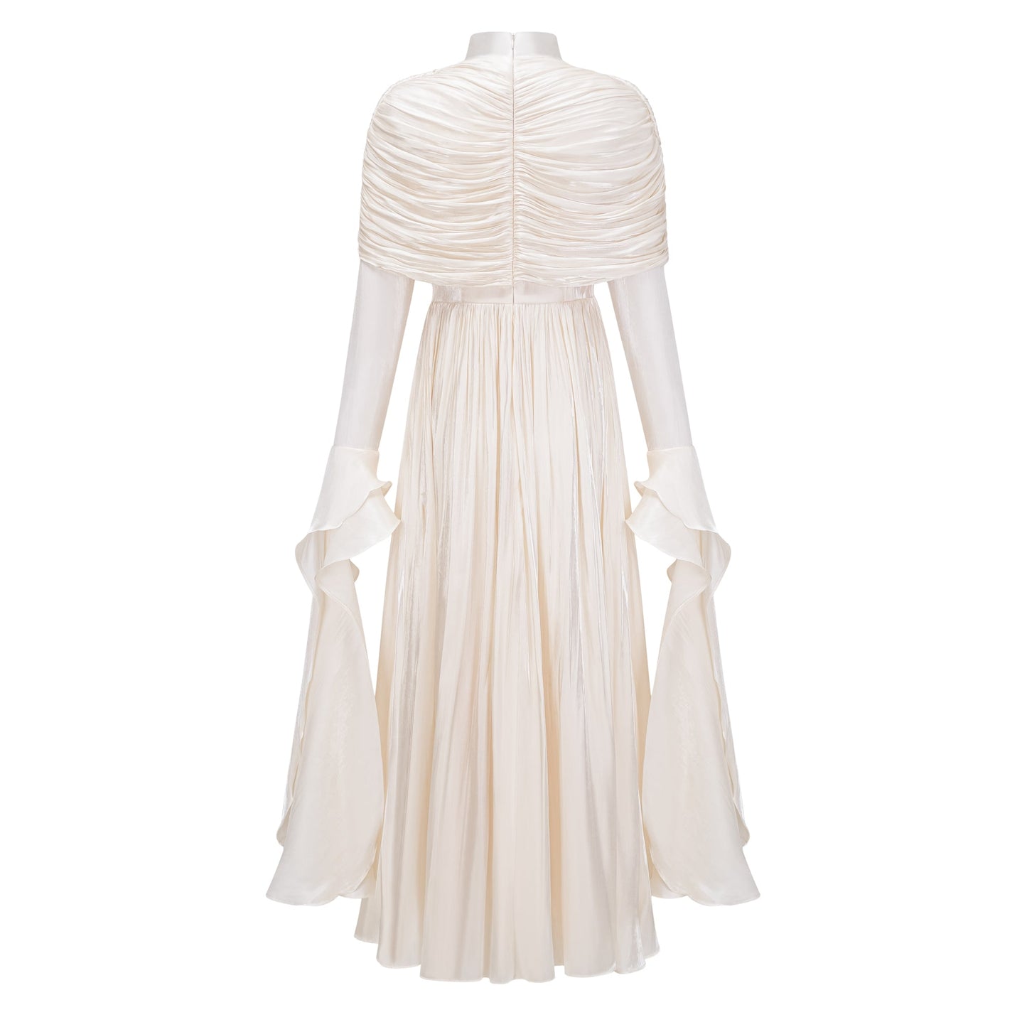 Gustave Neutral Ruched Cape Ruffled Maxi Dress