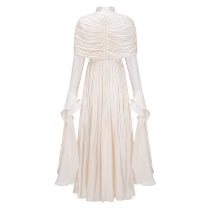 Gustave Neutral Ruched Cape Ruffled Maxi Dress