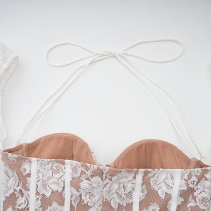 Vivienne beyaz çiçekli dantel korse mini elbise