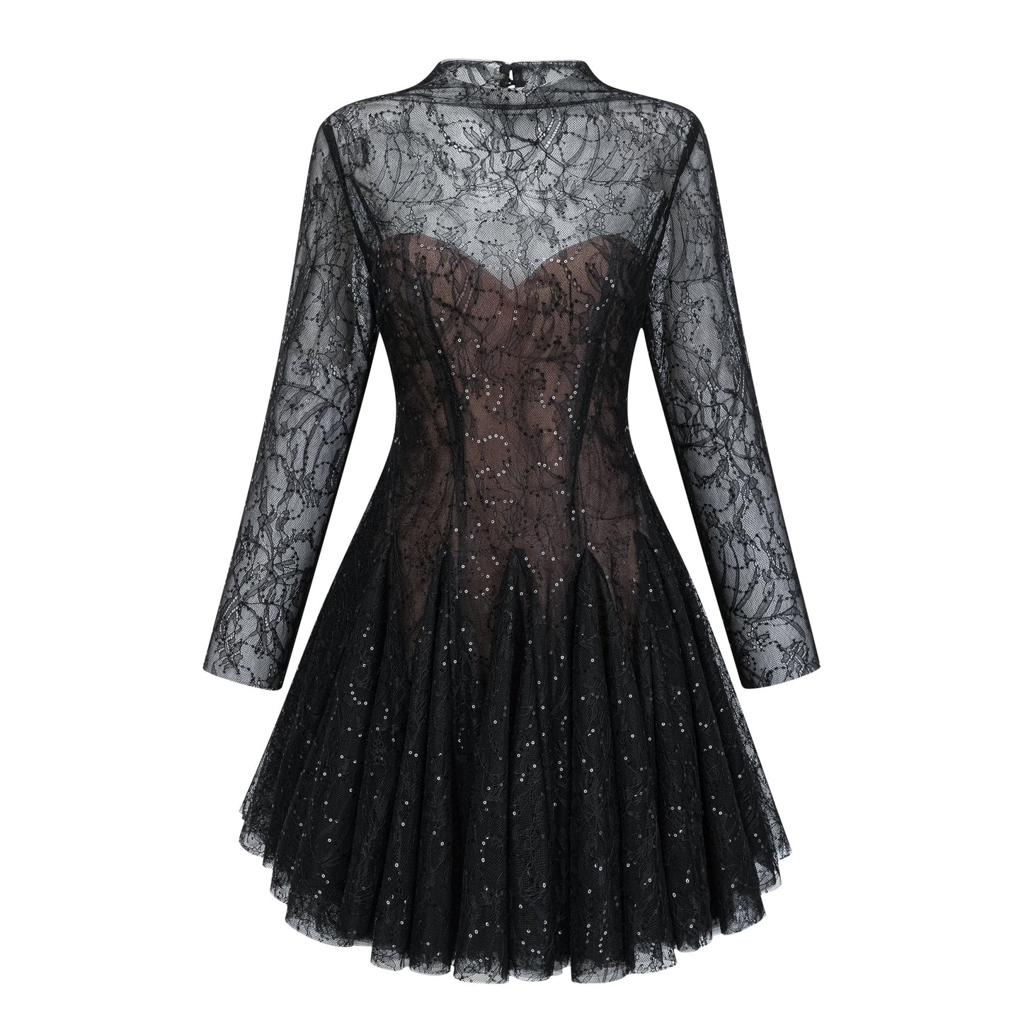 Mirabella Black Sequined Flroal Lace Mini Dress