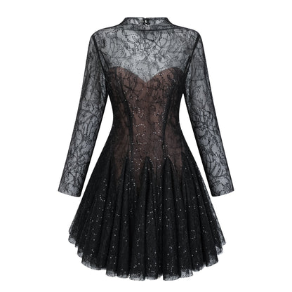 Mirabella Black Sequined Flroal Lace Mini Dress