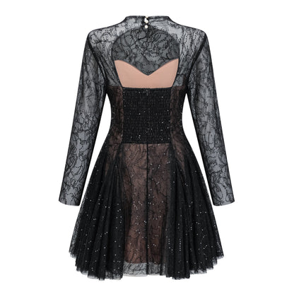 Mirabella Black Sequined Flroal Lace Mini Dress