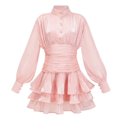 Emersyn Pink High-Neck Ruffled Detail Mini Dress