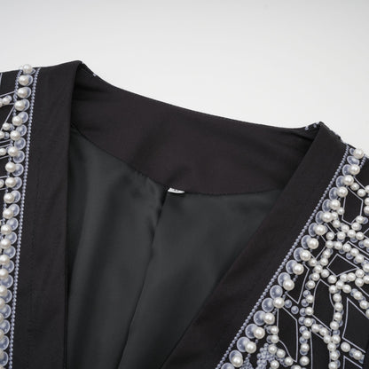 Catherine desenli V yaka blazer elbise
