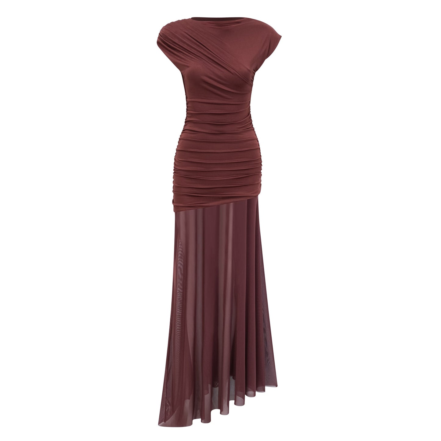 Seren Brown Ruched Tulle Panel Maxi Dress