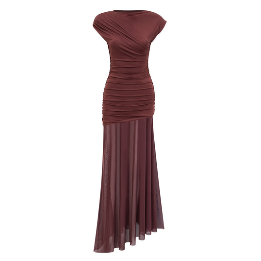 Seren Brown Ruched Tulle Panel Maxi Dress