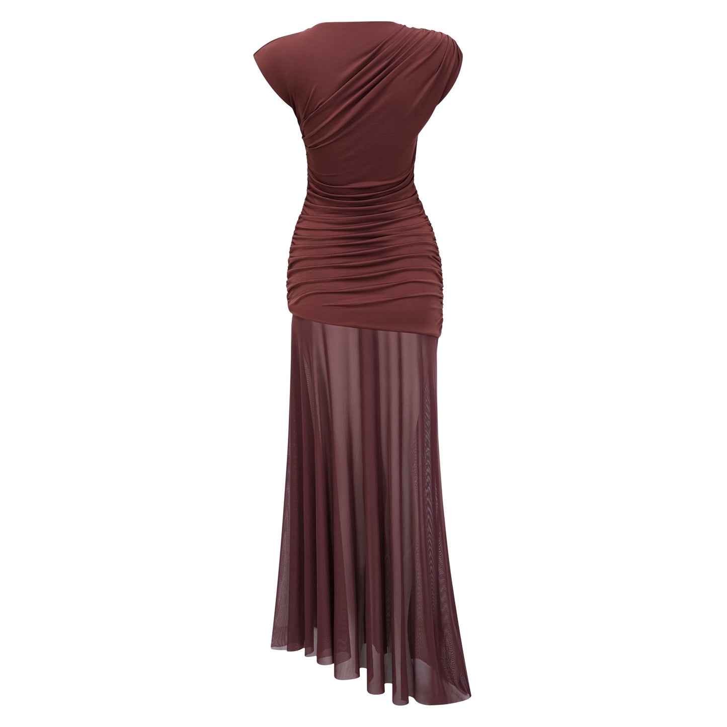 Seren Brown Ruched Tulle Panel Maxi Dress