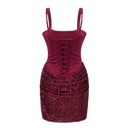 Paulette Red Embellished Ruched Bodycon Mini Dress