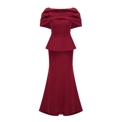 Lauren Red Ruched Shawl Detail Maxi Dress