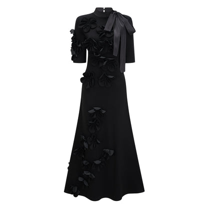 Isidora Black Bowknot Floral Appliqué Maxi Dress