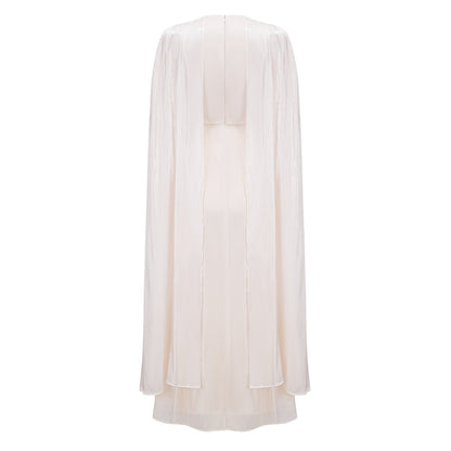 Hege Cream Glossy Ruched Cape Maxi Dress