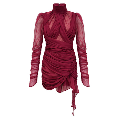 Théa Bordo Asimetrik Dantelli Mini Elbise