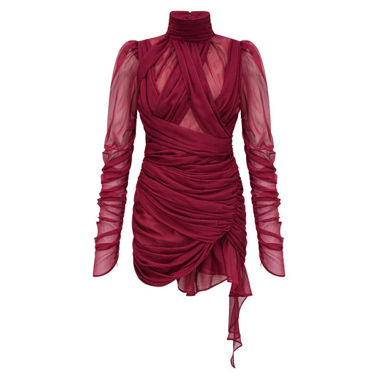 Théa Bordo Asimetrik Dantelli Mini Elbise