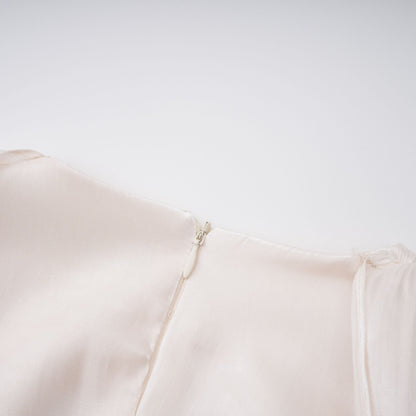Hege Cream Glossy Ruched Cape Maxi Dress
