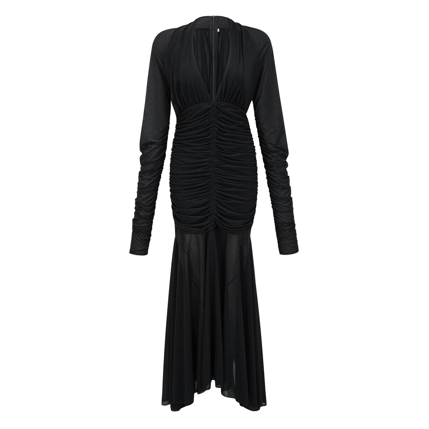 Greta Black Ruched Sheer Mesh Maxi Dress