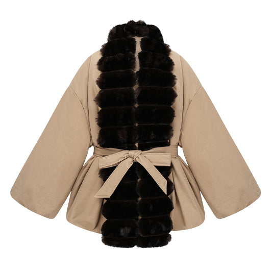 Ileana Khaki Fur Trim Bubble Down Jacket