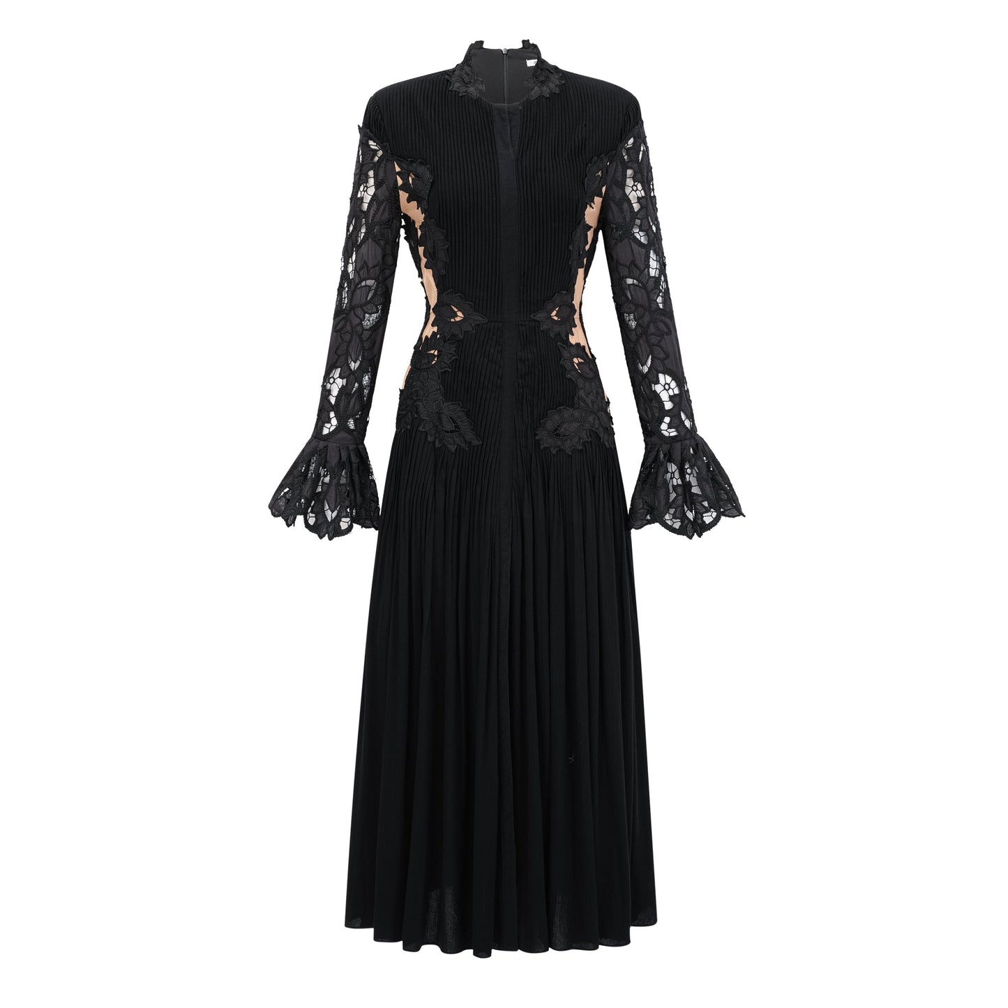 Chiara Black Lace Panel Pleated Midi Dress