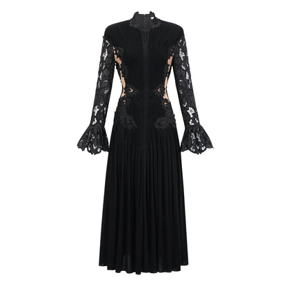 Chiara Black Lace Panel Pleated Midi Dress