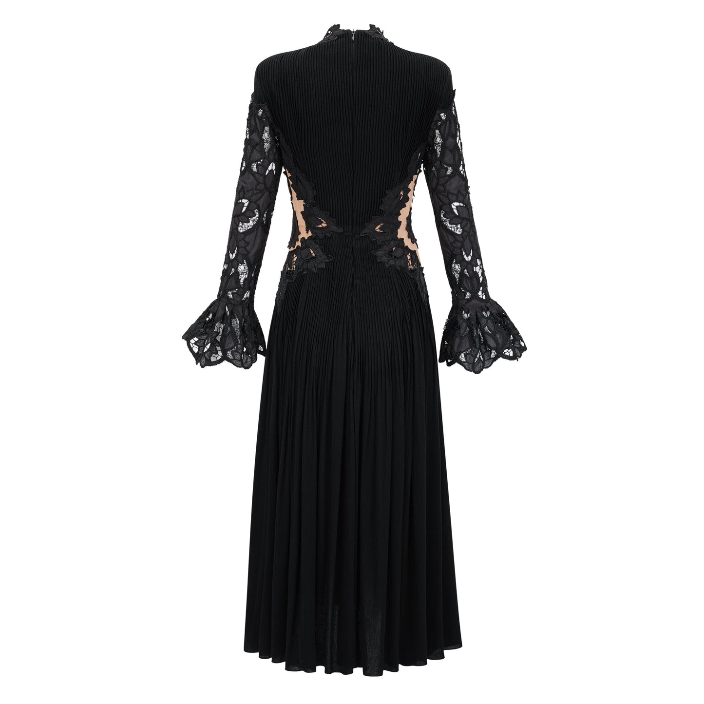 Chiara Black Lace Panel Pleated Midi Dress