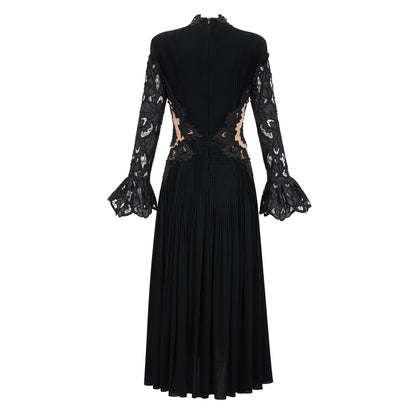 Chiara Black Lace Panel Pleated Midi Dress