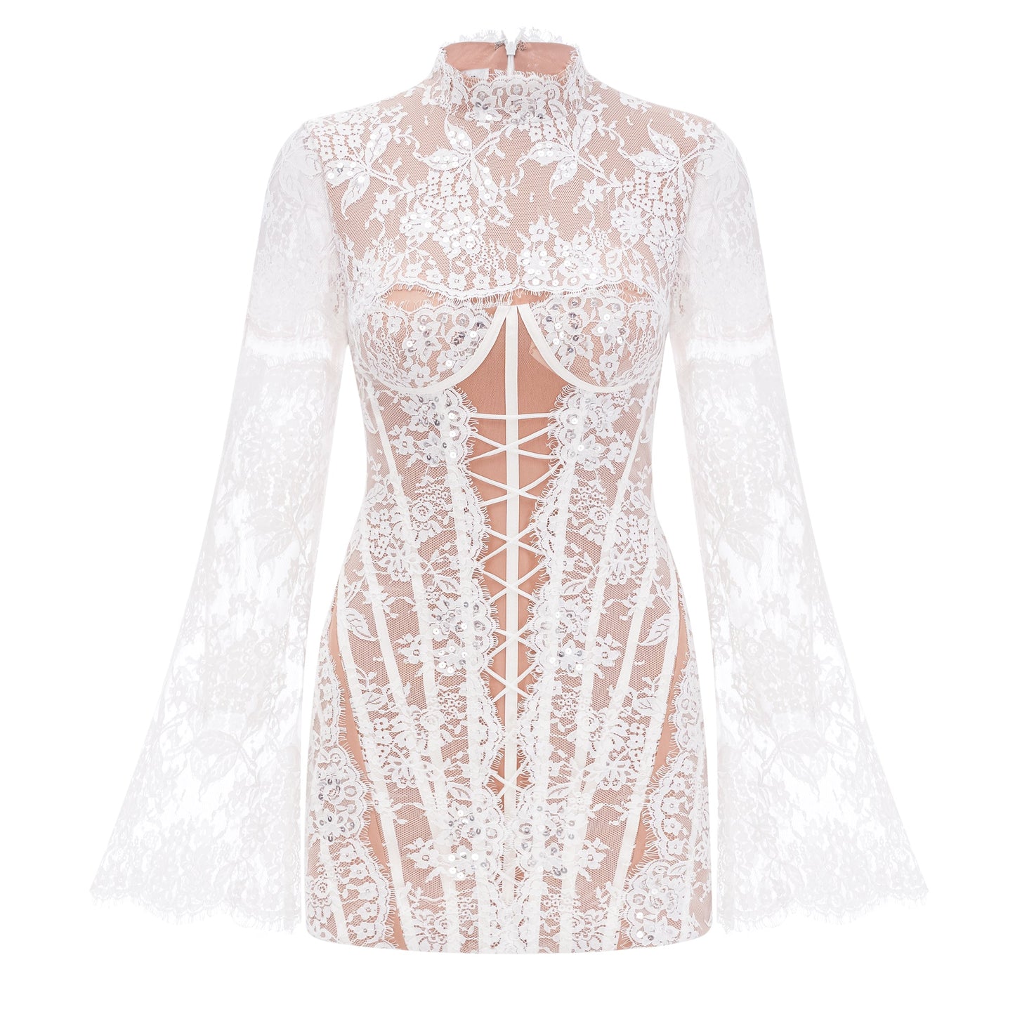 Bulelwa White Semi-Sheer Floral Lace Mini Dress