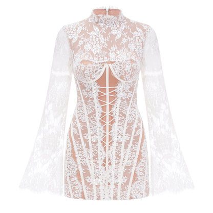 Bulelwa White Semi-Sheer Floral Lace Mini Dress