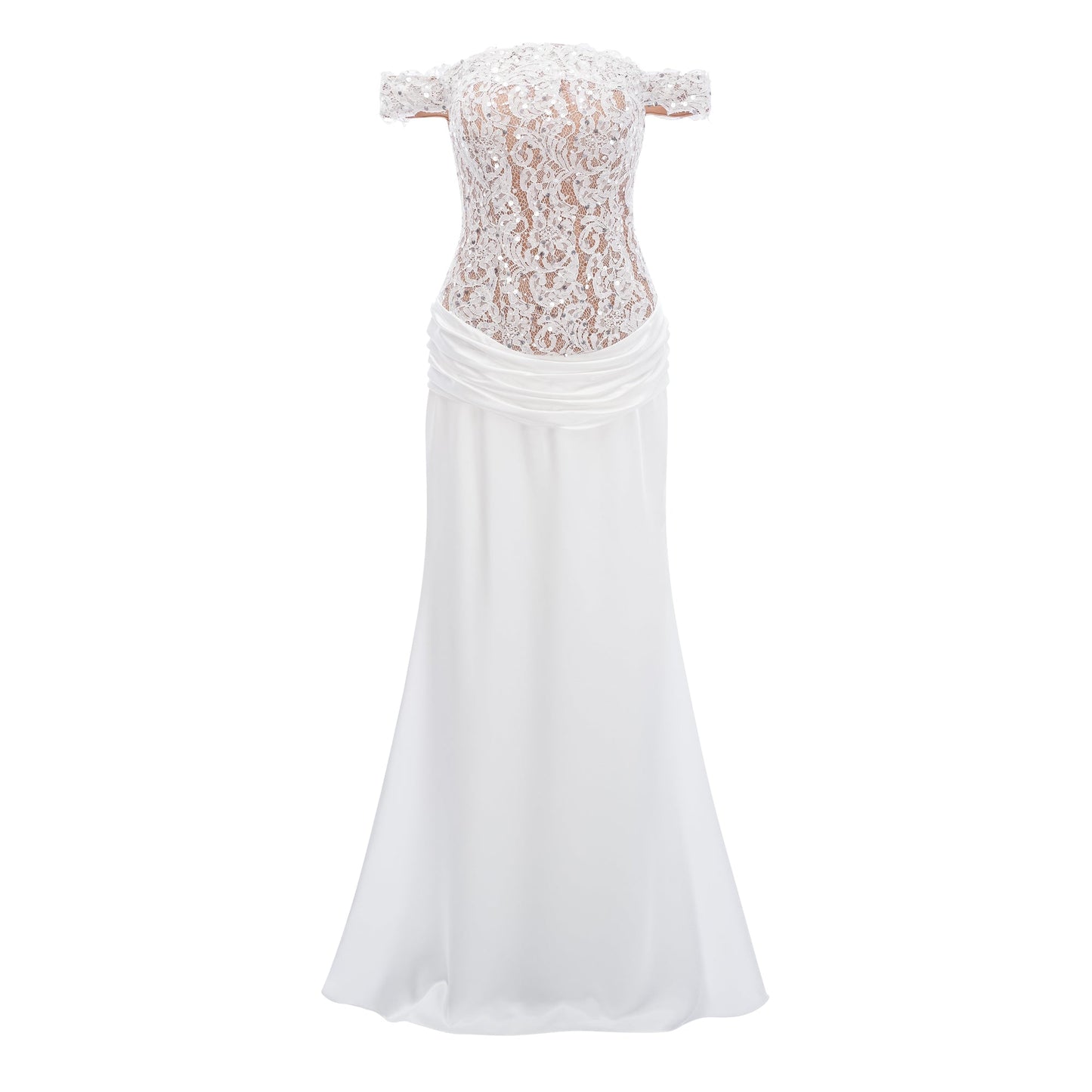 Grace White Satin Maxi Dress with Lace Panels