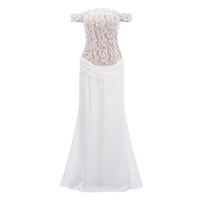 Grace White Satin Maxi Dress with Lace Panels