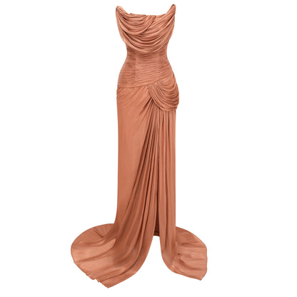 Gelsomina Gold Asymmetrical Glossy Gathered Maxi Dress