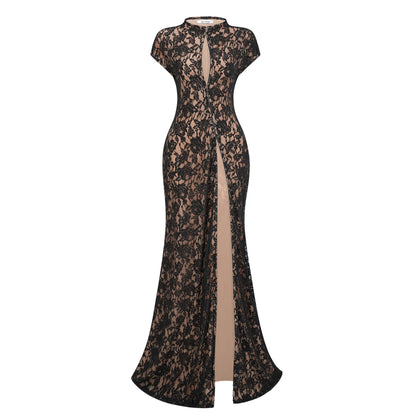 Andrea Black Keyhole Lace Maxi Dress with High Thigh Slit