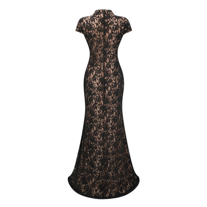 Andrea Black Keyhole Lace Maxi Dress with High Thigh Slit