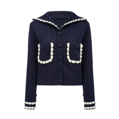 Elvira Navy Blue Crochet-Knit Cardigan & Trousers Matching Set