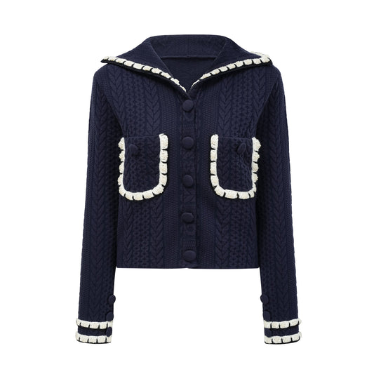 Elvira Navy Blue Crochet-Knit Cardigan & Trousers Matching Set