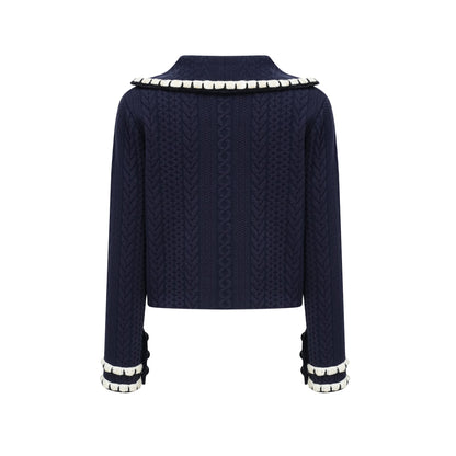 Elvira Navy Blue Crochet-Knit Cardigan & Trousers Matching Set