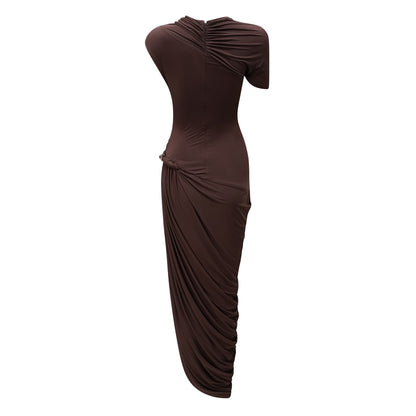 Prune Brown Night Out Asymmetrical Ruched Midi Dress