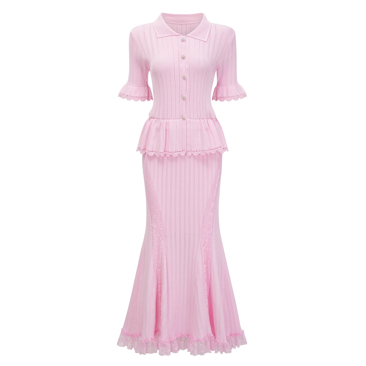 Jocasta Pink Stretch Lace Knit Midi Dress